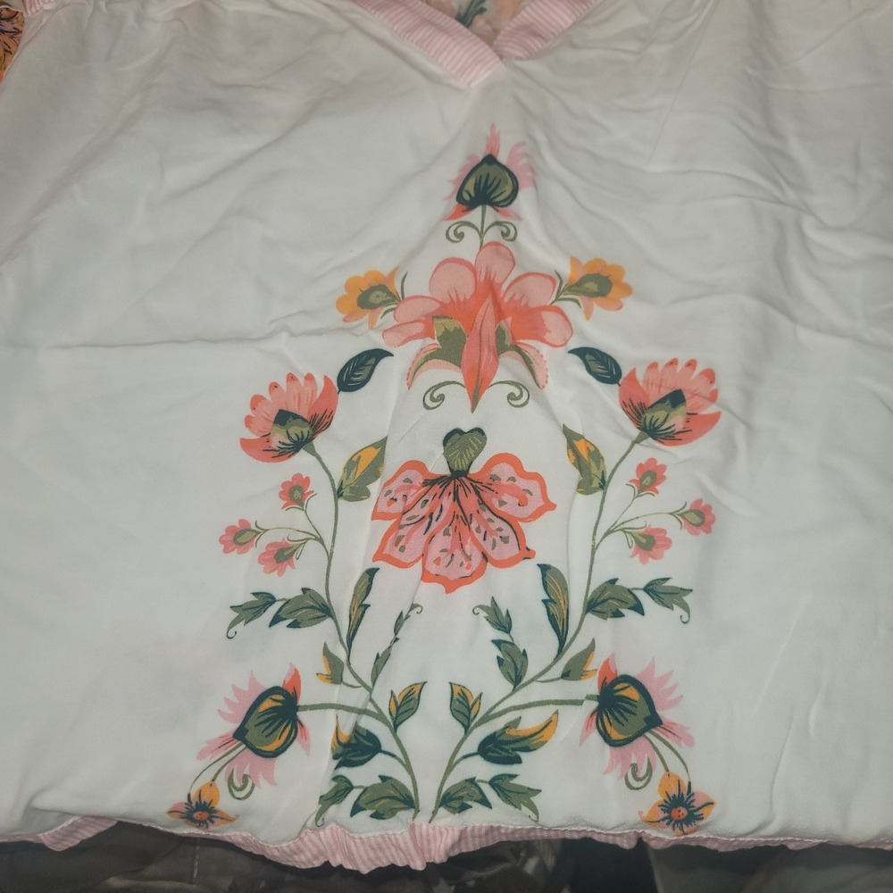 Cato Womens XL Floral Flutter Sleeve Blouse White Pink Striped Trim Boho Top - Picture 3 of 4